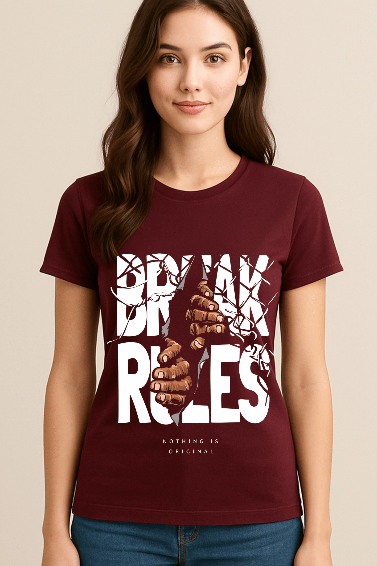 Women’s Maroon Classic Fit “BREAK RULES” Graphic T-Shirt – Cotton Blend Premium Fabric - Image 2