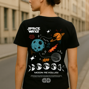 Women's Space Ways Classic Fit 100% Premium Bio-Washed Cotton Graphic T-Shirt – Black