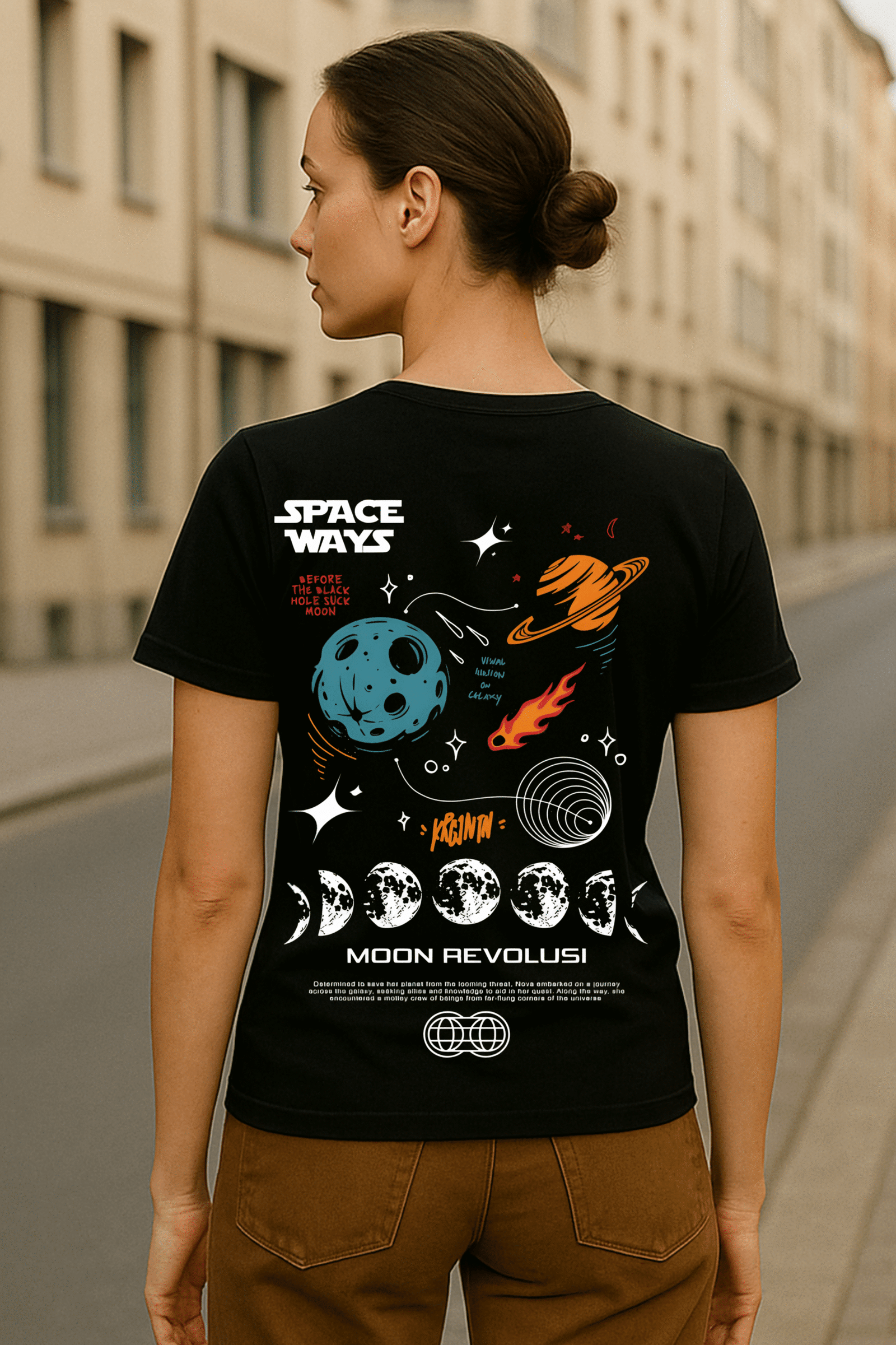 Women's Space Ways Classic Fit 100% Premium Bio-Washed Cotton Graphic T-Shirt – Black