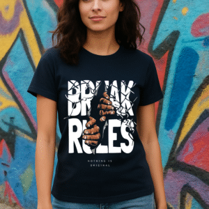 Women’s Navy Blue Classic Fit “BREAK RULES” Graphic T-Shirt – Cotton Blend Premium Fabric
