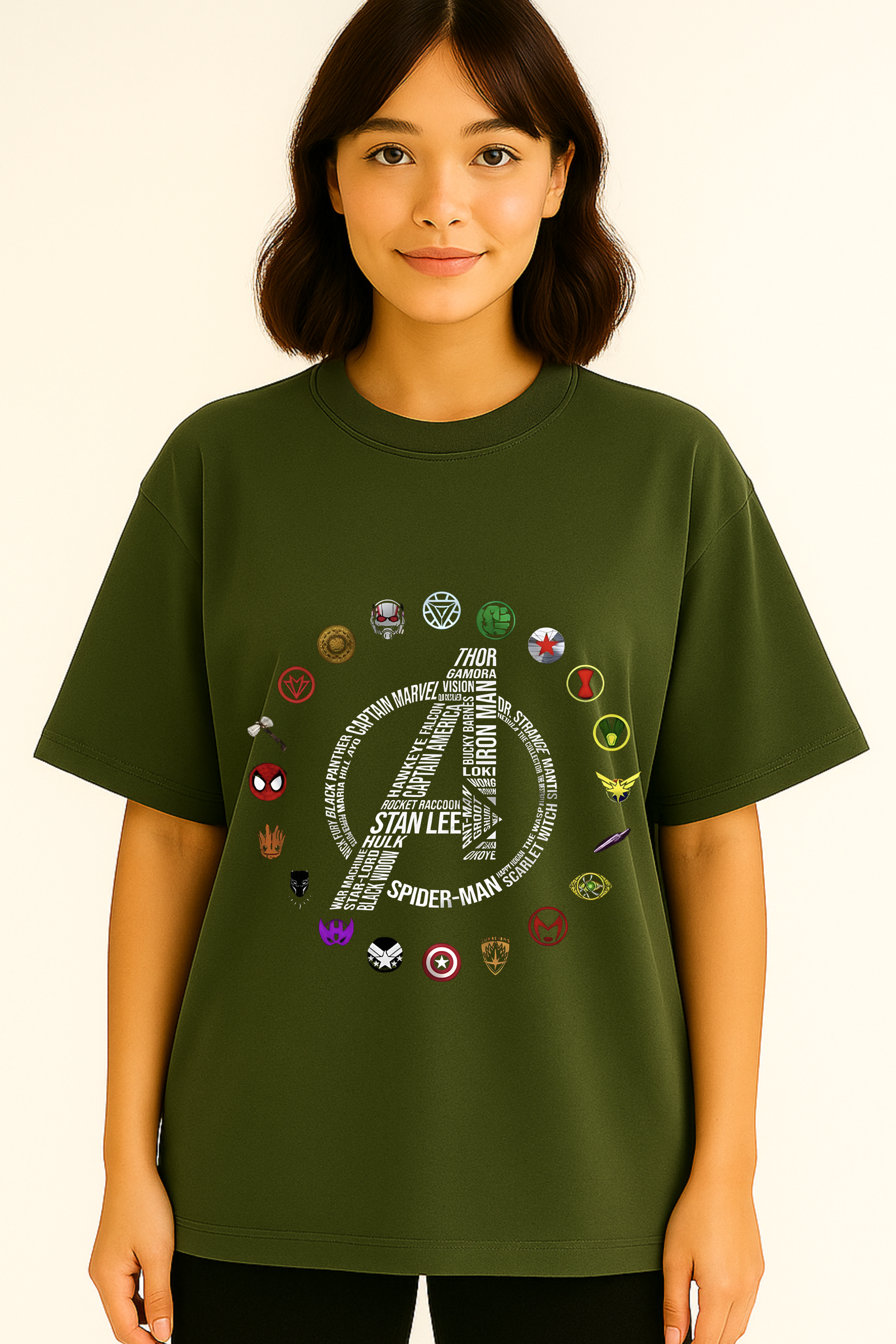 Women’s Premium Oversized Olive Green French Terry Avengers T-Shirt – 270 GSM