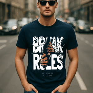 Men’s Navy Blue Classic Fit “BREAK RULES” Graphic T-Shirt – Cotton Blend Premium Fabric