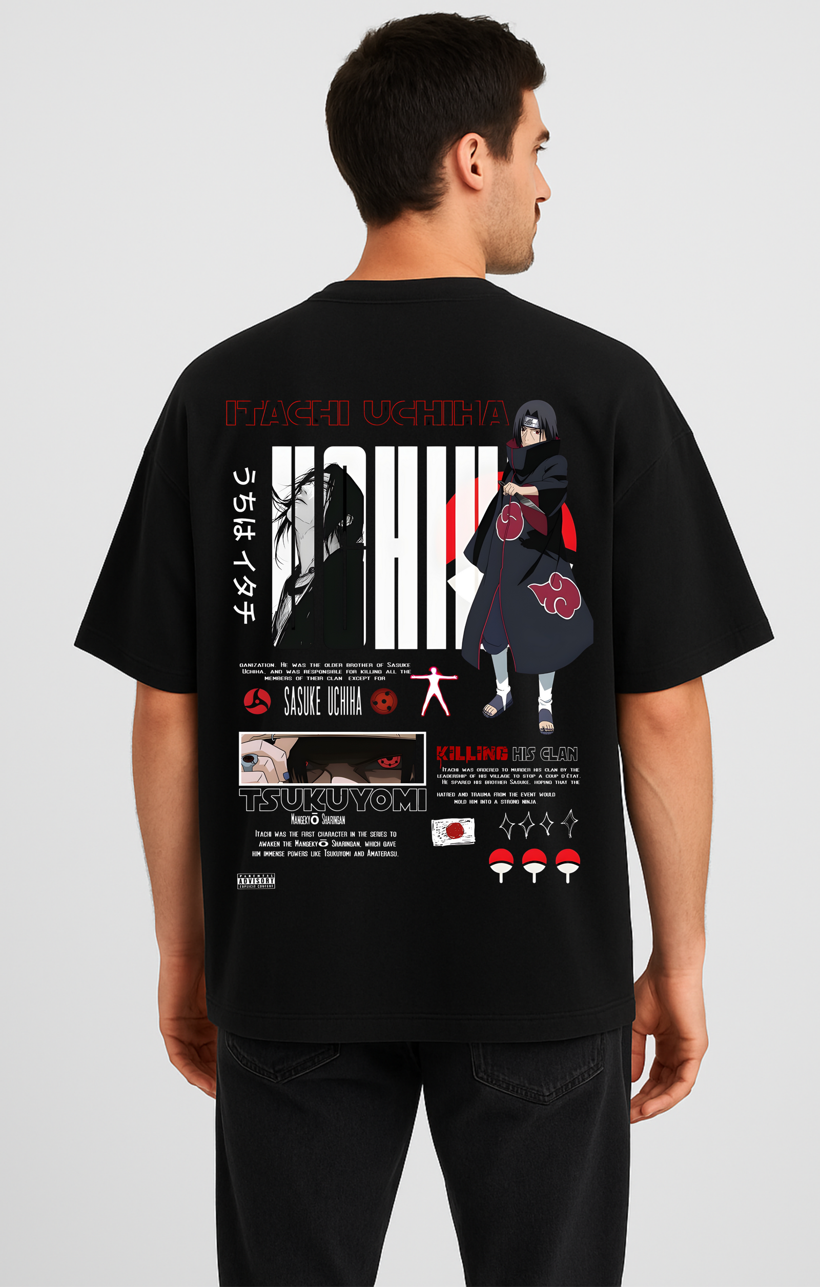 Men’s Premium Oversized Black French Terry “Itachi Uchiha” Anime T-Shirt (270 GSM)