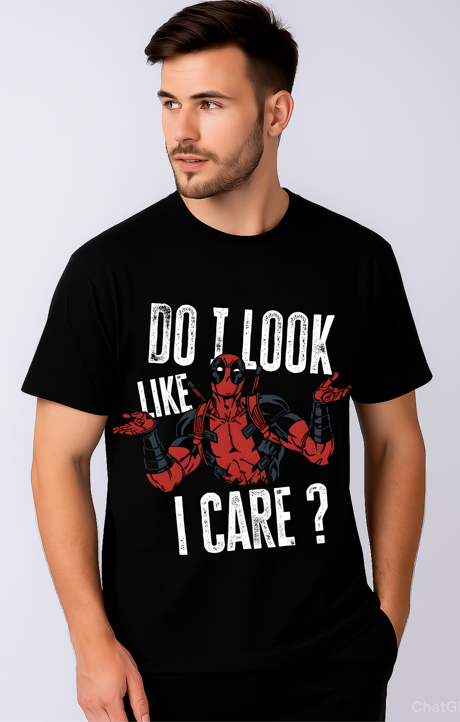Men’s Oversized Black French Terry “Do I Look Like I Care?” Deadpool Graphic T-Shirt – 270 GSM