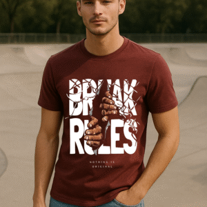 Men’s Maroon Classic Fit “BREAK RULES” Graphic T-Shirt – Cotton Blend Premium Fabric