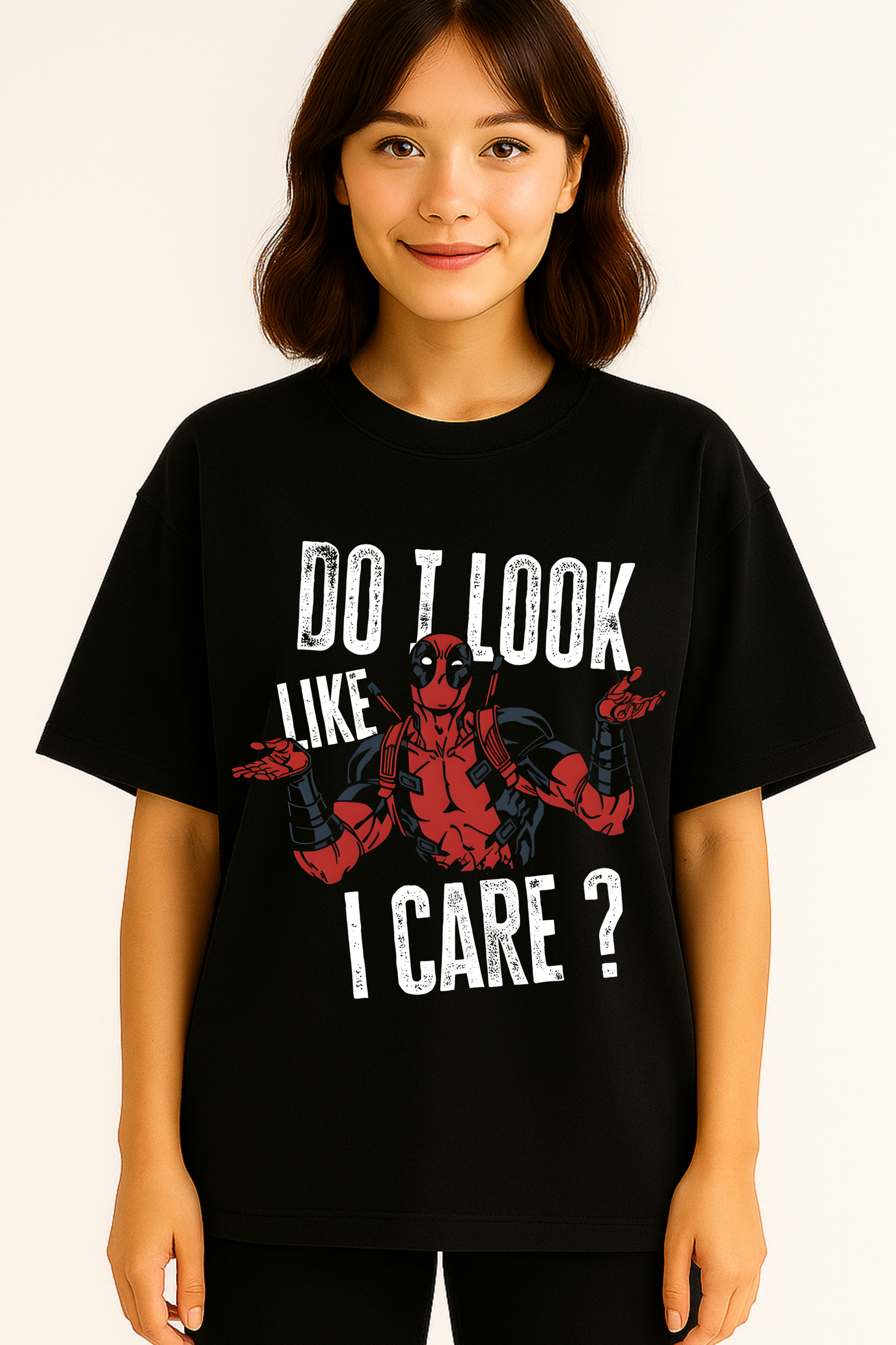 Women’s Oversized Black French Terry “Do I Look Like I Care?” Deadpool Graphic T-Shirt – 270 GSM