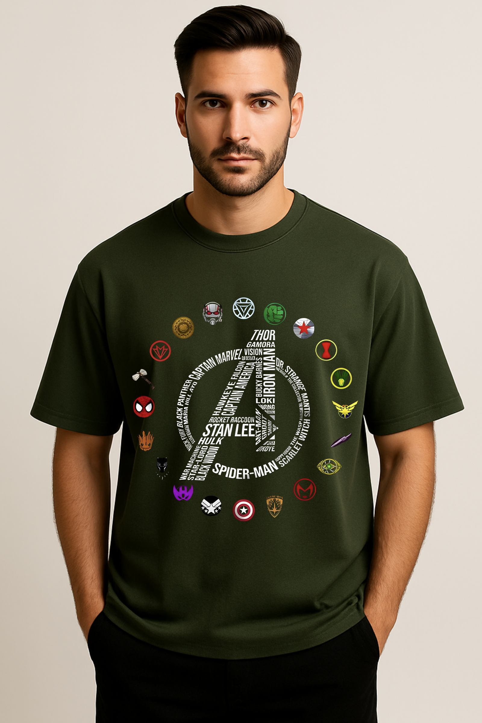 Men’s Premium Oversized Olive Green French Terry Graphic T-Shirt – 270 GSM