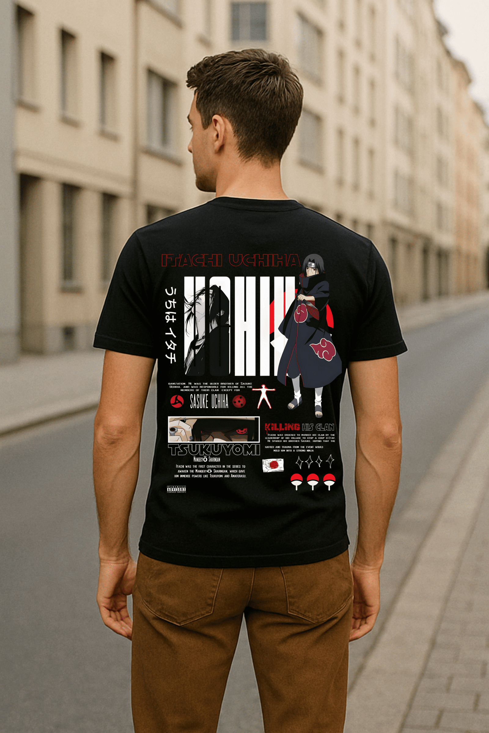 Men’s Itachi Uchiha Anime Classic Fit 100% Bio-Washed Cotton Graphic T-Shirt – Black