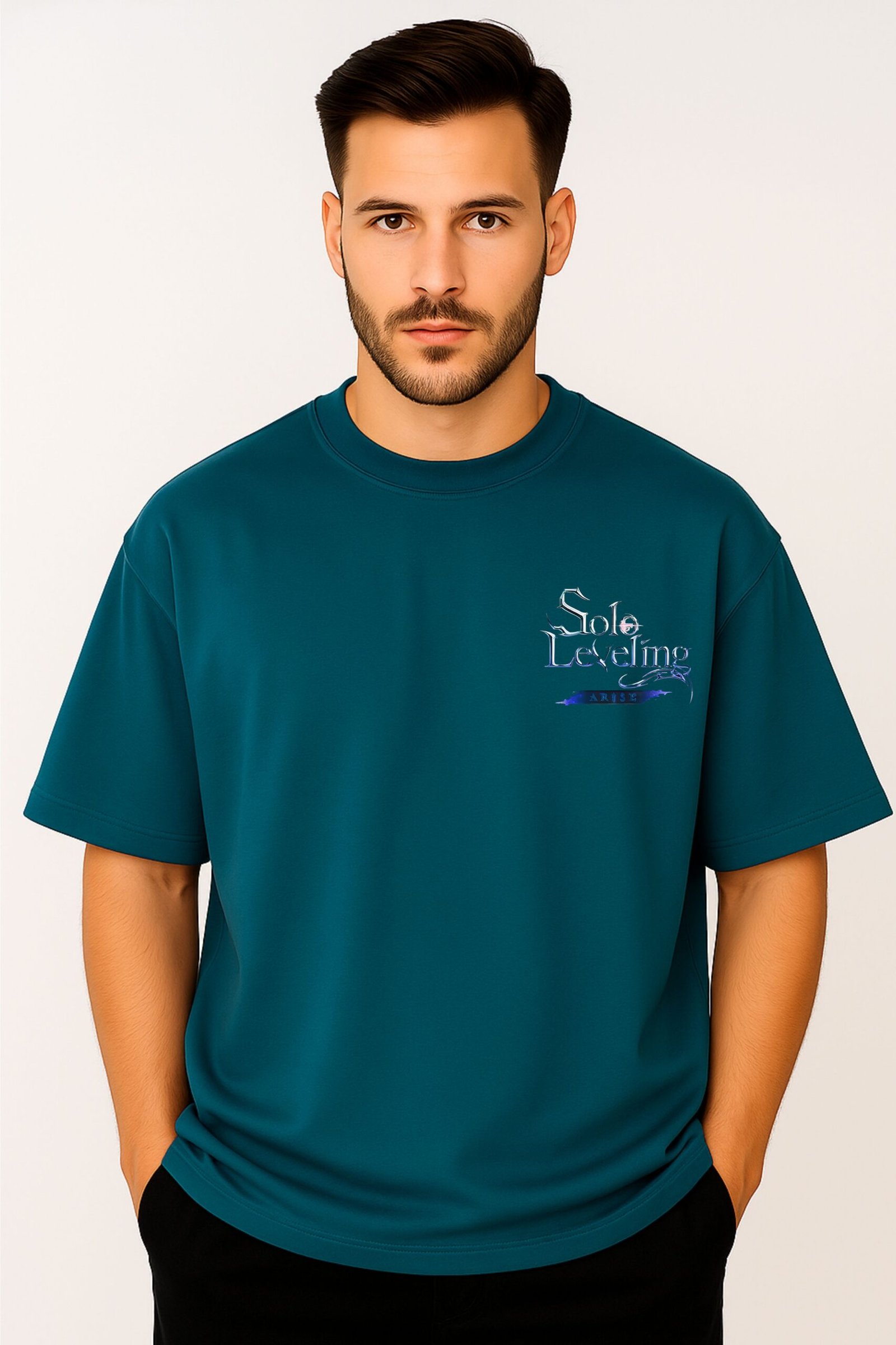 Men’s Premium Oversized Peacock Blue French Terry “Solo Leveling – Shadow Monarch” T-Shirt (270 GSM) - Image 2