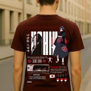 Men’s Itachi Uchiha Anime Classic Fit Graphic T-Shirt – Marron | Cotton Blend Fabric