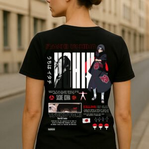 Women’s Itachi Uchiha Anime Classic Fit 100% Bio-Washed Cotton Graphic T-Shirt – Black