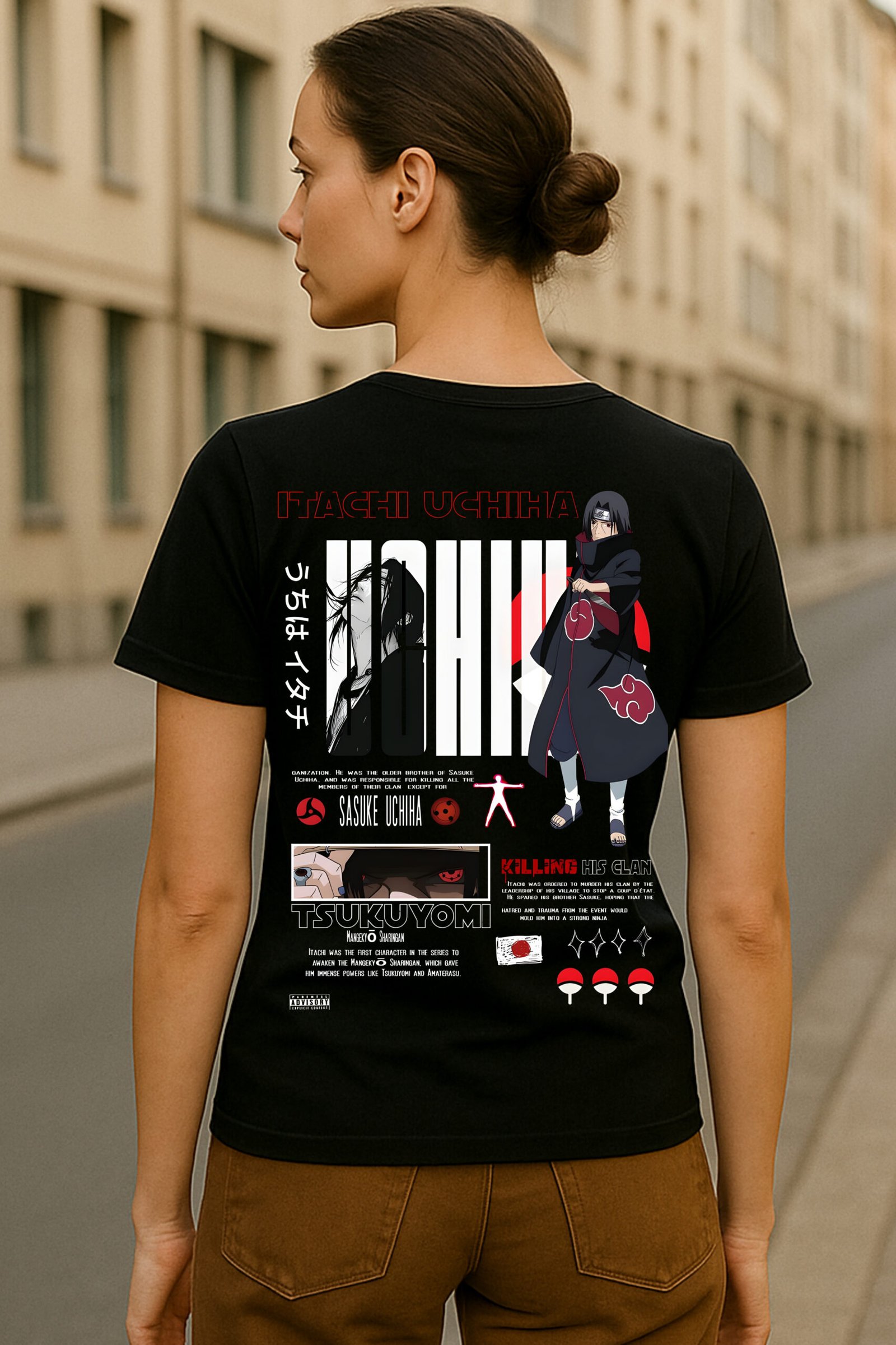 Women’s Itachi Uchiha Anime Classic Fit 100% Bio-Washed Cotton Graphic T-Shirt – Black