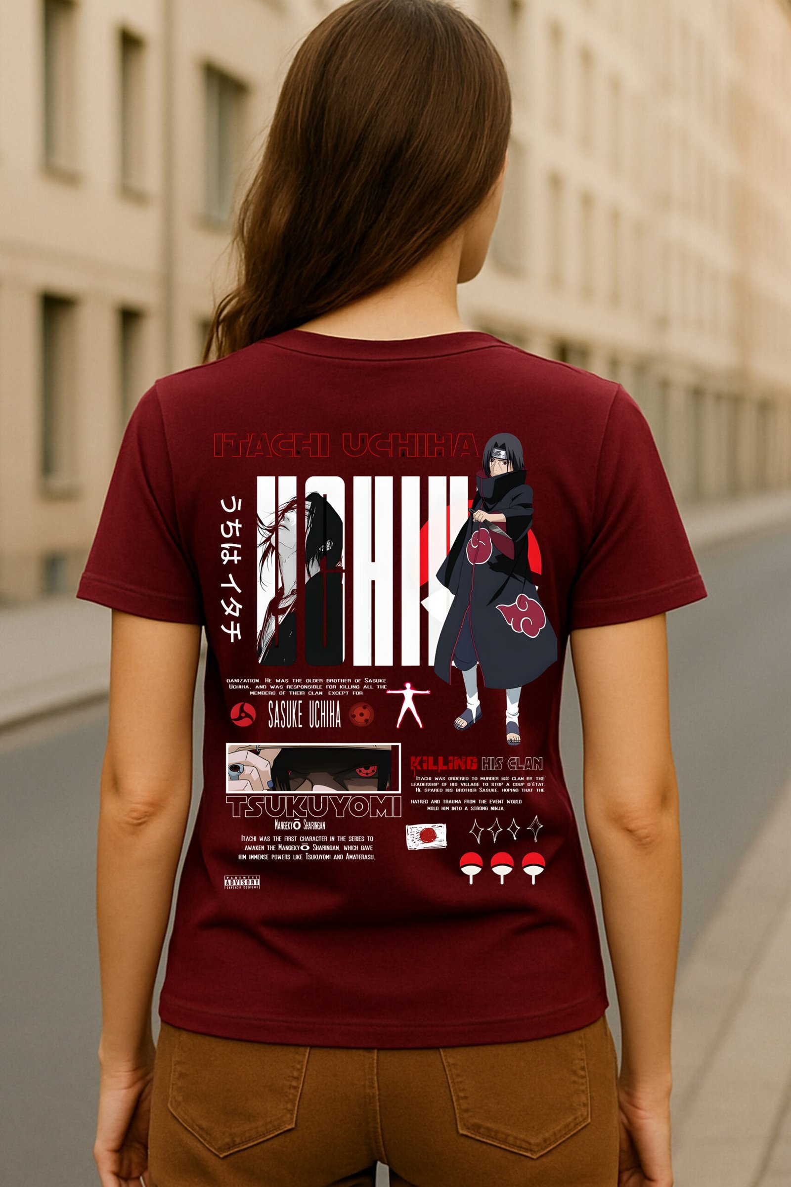 Women’s Itachi Uchiha Anime Classic Fit Graphic T-Shirt – Marron | Cotton Blend Fabric