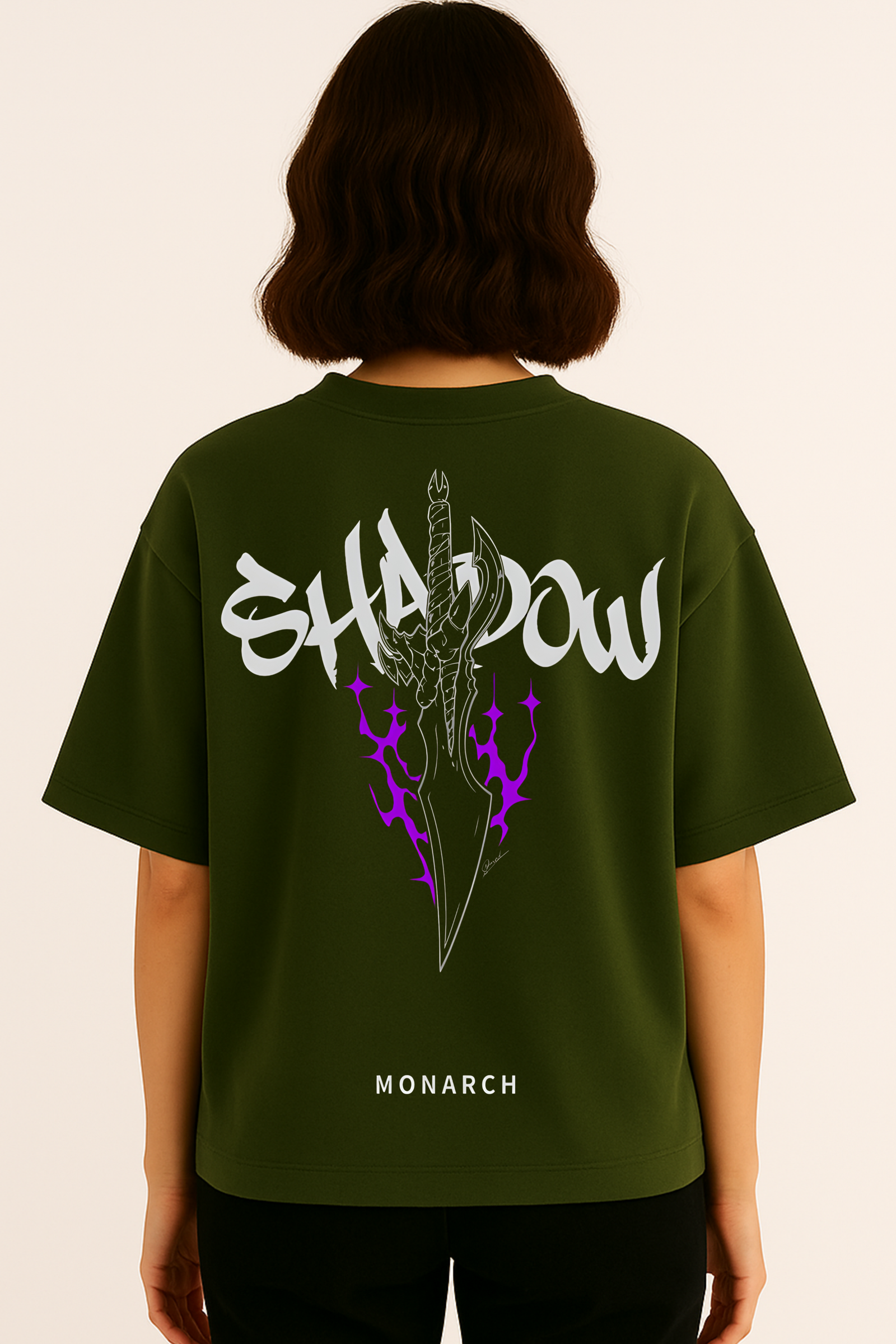 Women’s Premium Oversized Olive Green French Terry “Solo Leveling – Shadow Monarch” T-Shirt (270 GSM)