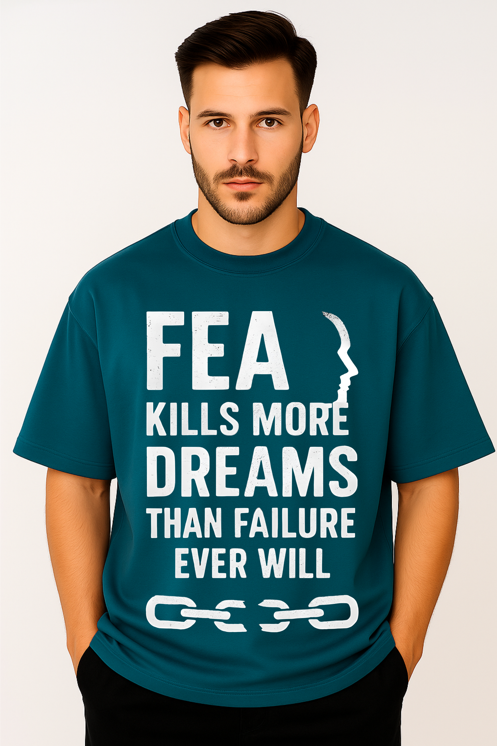 Men's Premium Oversized Peacock Blue French Terry Motivational T-Shirt – 270 GSM