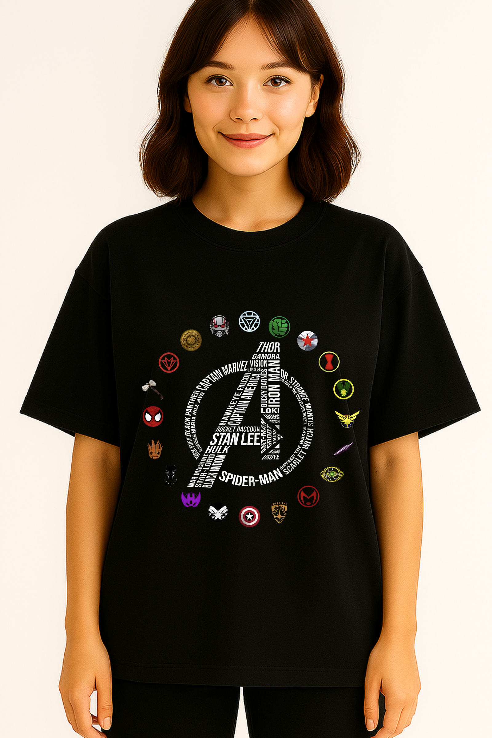 Women’s Premium Oversized Black French Terry Avengers T-Shirt – 270 GSM