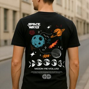 Men’s Space Ways Classic Fit 100% Premium Bio-Washed Cotton Graphic T-Shirt – Black