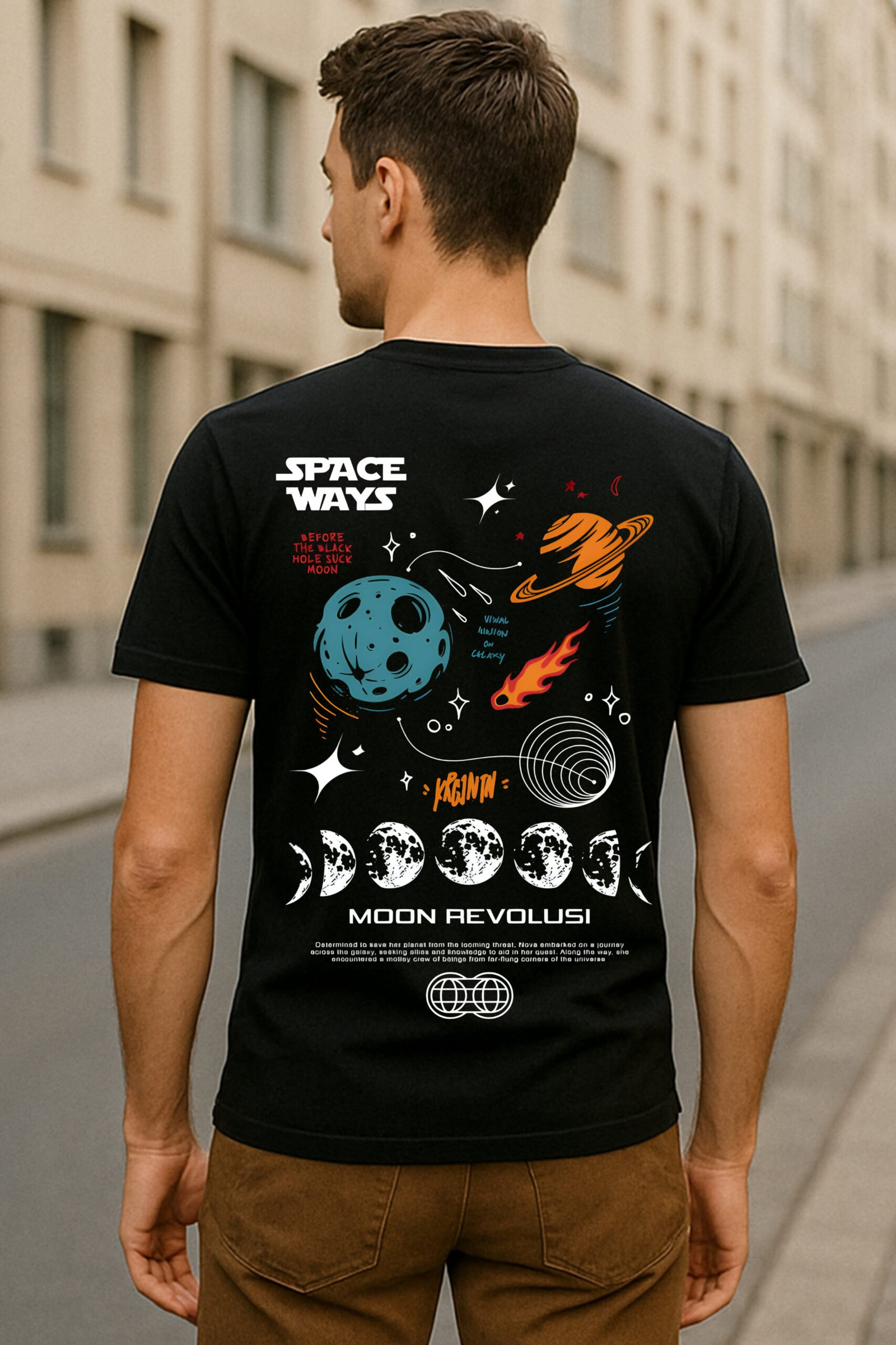 Men’s Space Ways Classic Fit 100% Premium Bio-Washed Cotton Graphic T-Shirt – Black