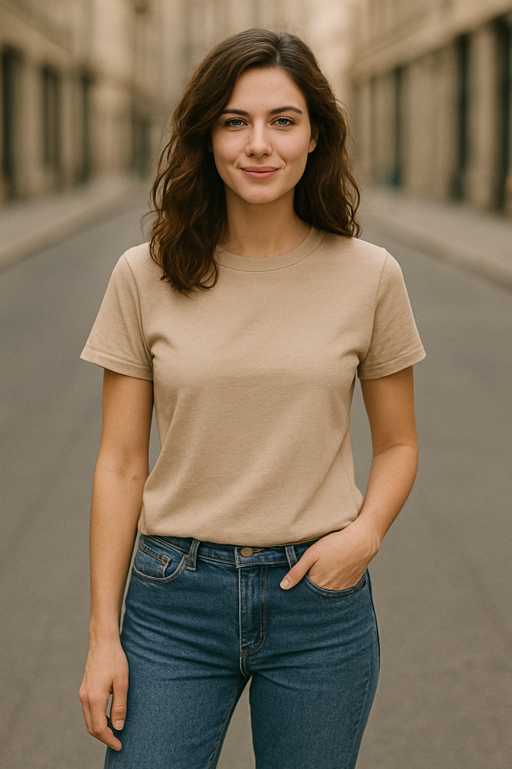 Women’s Plain Beige Classic Fit T-Shirt – Soft Cotton Blend - Image 3