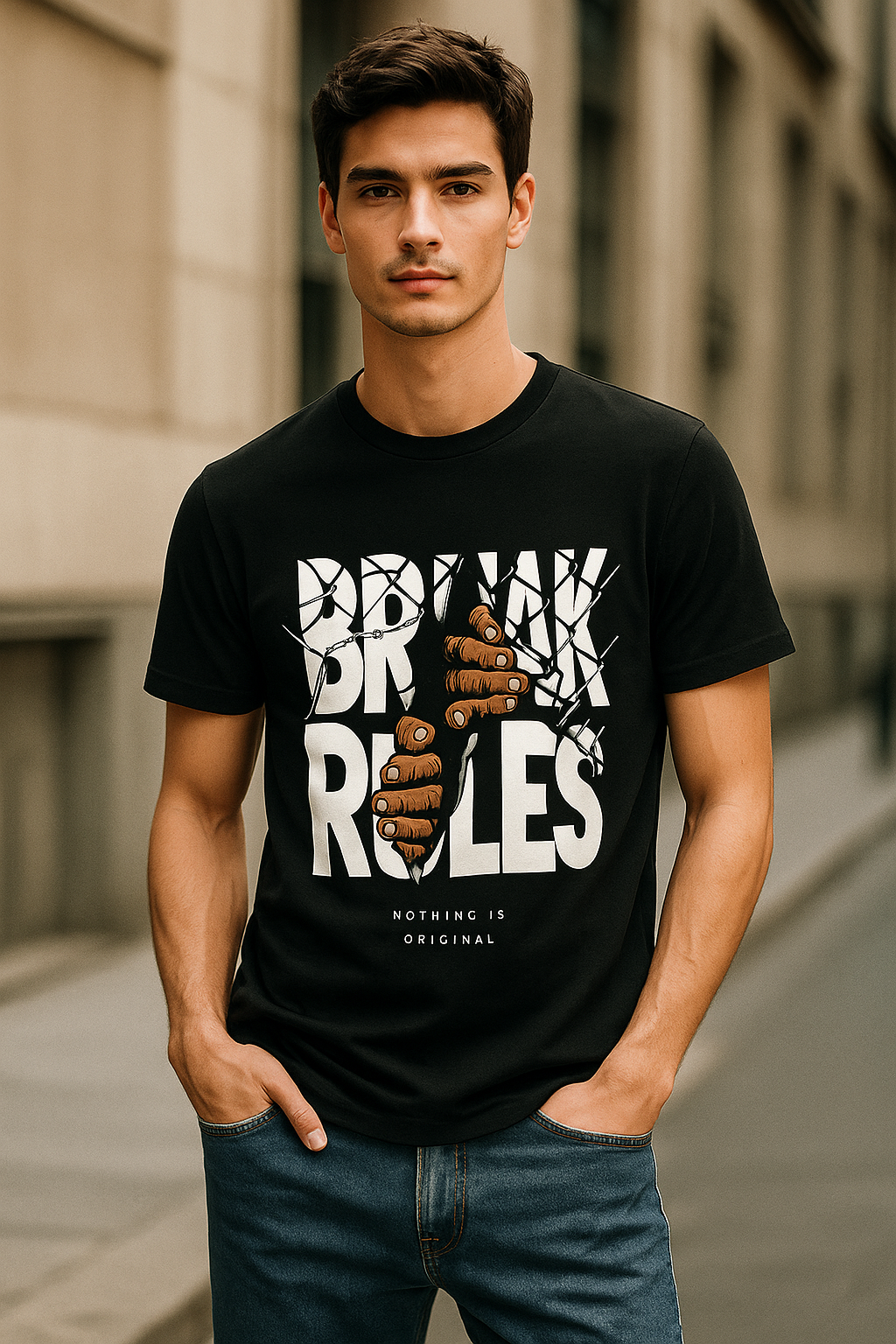 Men’s Black Classic Fit Graphic T-Shirt – Break Rules Print – 100% Premium Cotton