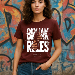 Women’s Maroon Classic Fit “BREAK RULES” Graphic T-Shirt – Cotton Blend Premium Fabric