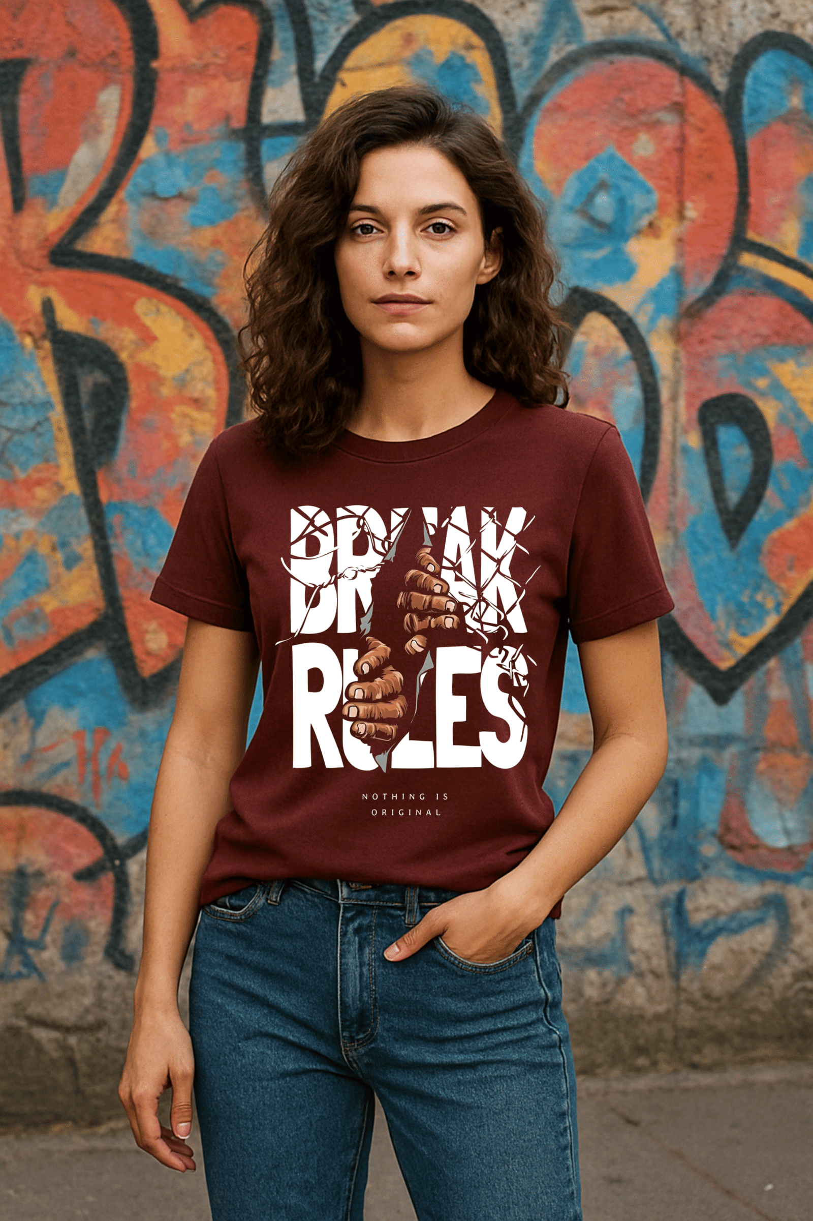 Women’s Maroon Classic Fit “BREAK RULES” Graphic T-Shirt – Cotton Blend Premium Fabric