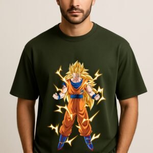 Men's Premium Oversized Olive green French Terry Anime T-Shirt – 270 GSM