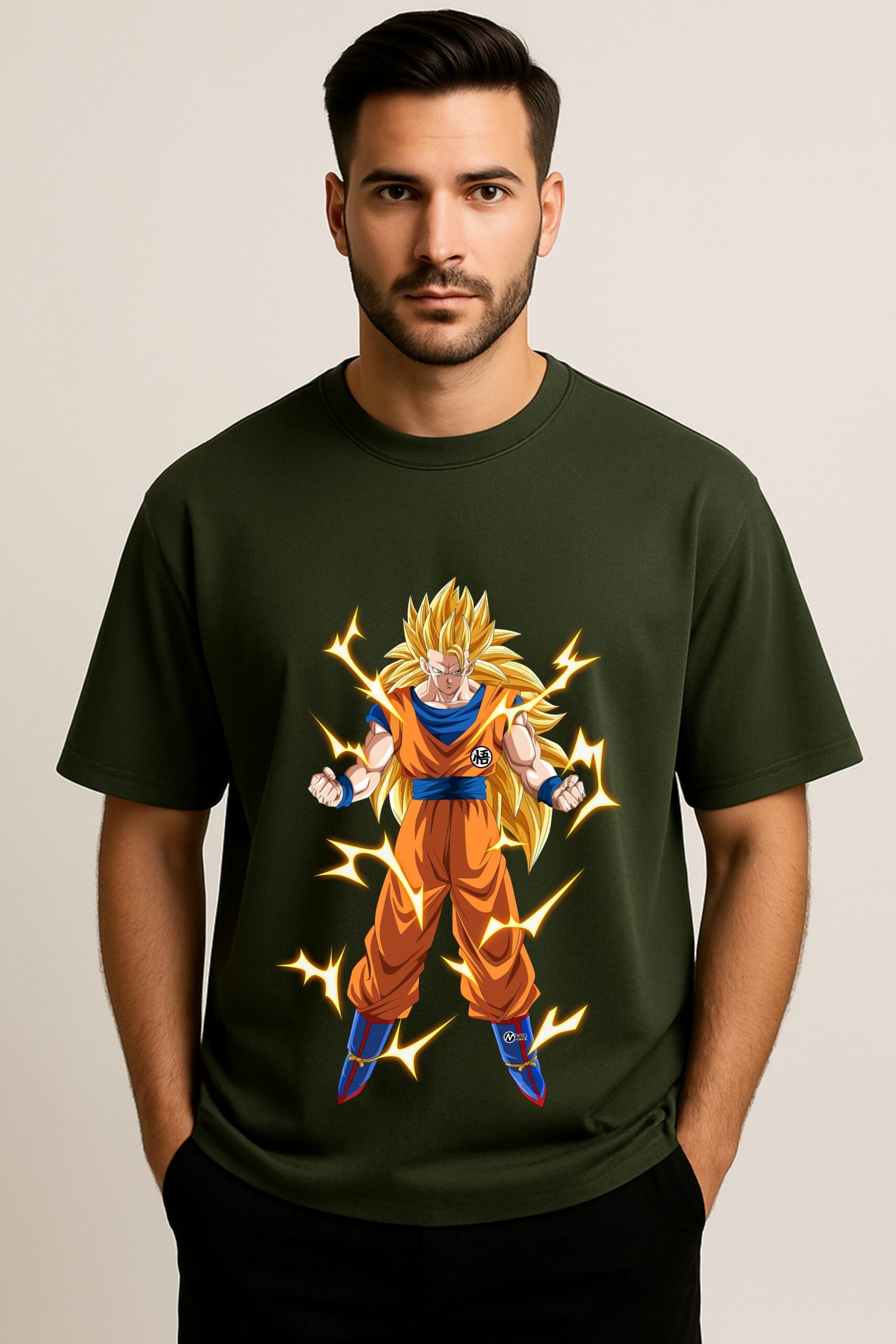 Men's Premium Oversized Olive green French Terry Anime T-Shirt – 270 GSM