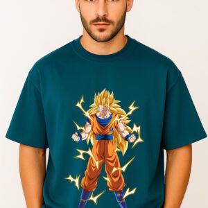 Men's Premium Oversized Peacock Blue French Terry Anime T-Shirt – 270 GSM