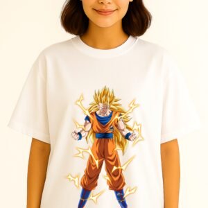 Women’s Premium Oversized White French Terry Anime T-Shirt – 270 GSM
