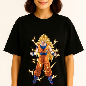Women’s Premium Oversized Black French Terry Anime T-Shirt – 270 GSM