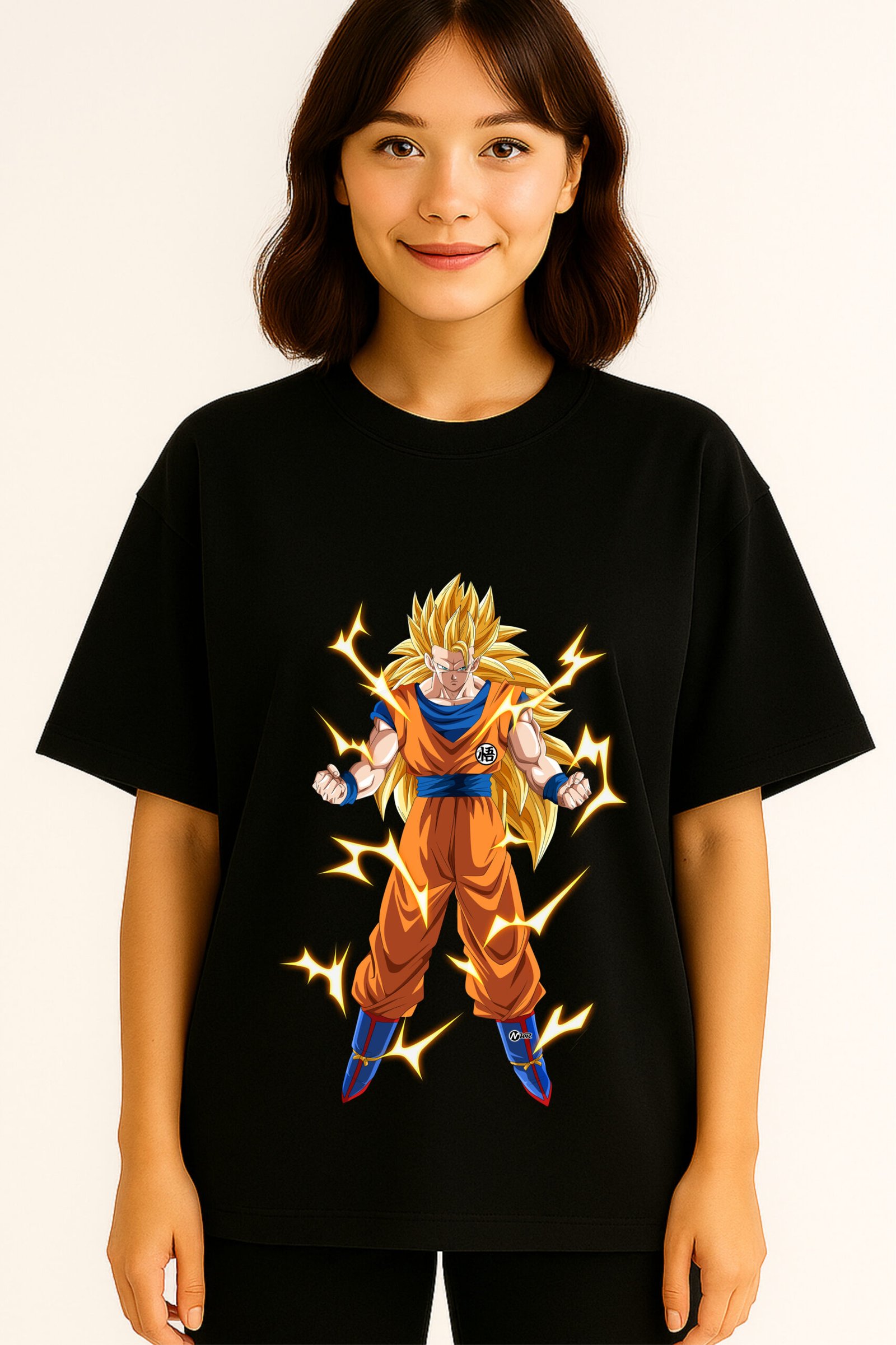 Women’s Premium Oversized Black French Terry Anime T-Shirt – 270 GSM
