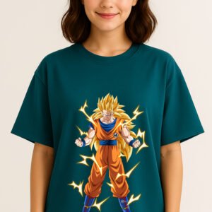 Women’s Premium Oversized Peacock Blue French Terry Anime T-Shirt – 270 GSM