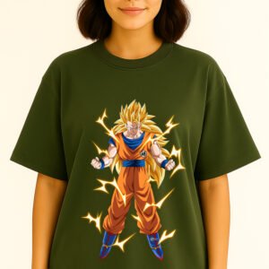 Women’s Premium Oversized Olive Green French Terry Anime T-Shirt – 270 GSM