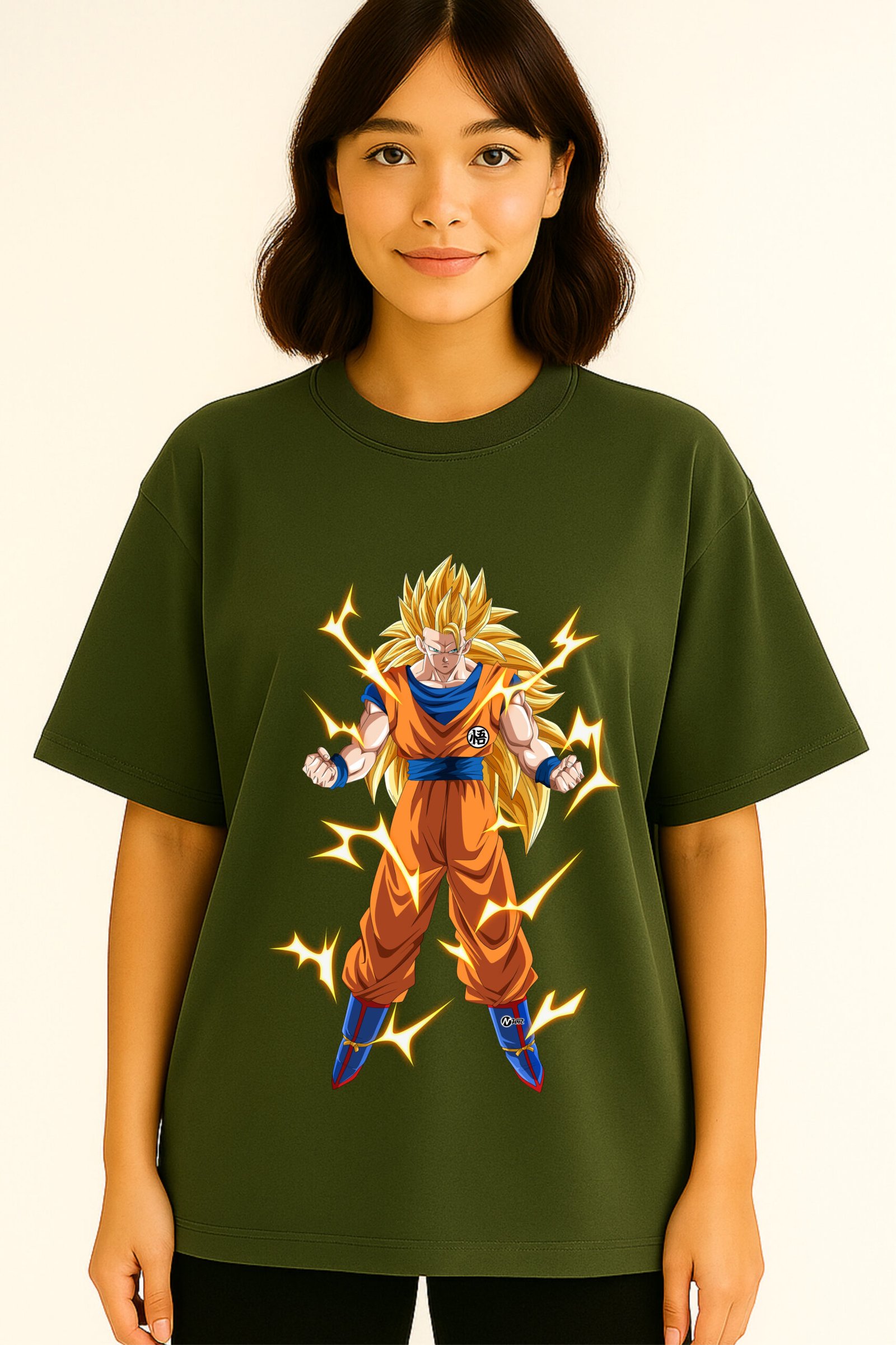 Women’s Premium Oversized Olive Green French Terry Anime T-Shirt – 270 GSM