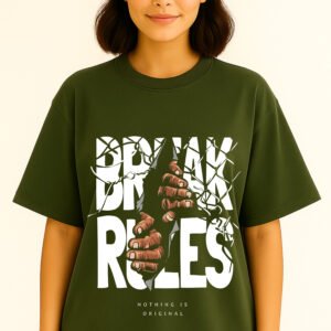 Women’s Premium Oversized Olive Green French Terry Graphic T-Shirt – 270 GSM
