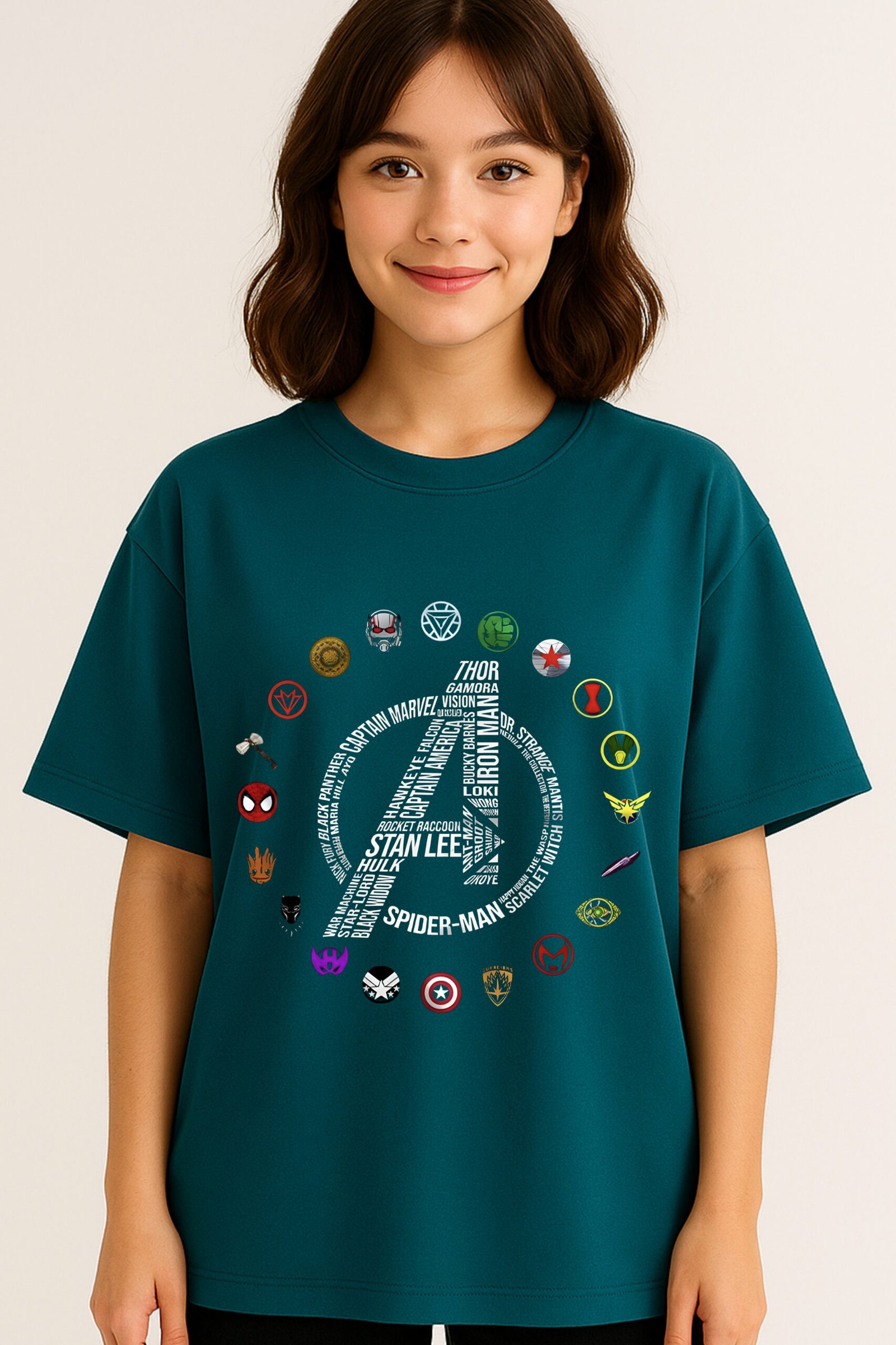 Women’s Premium Oversized Peacock Blue French Terry Avengers T-Shirt – 270 GSM