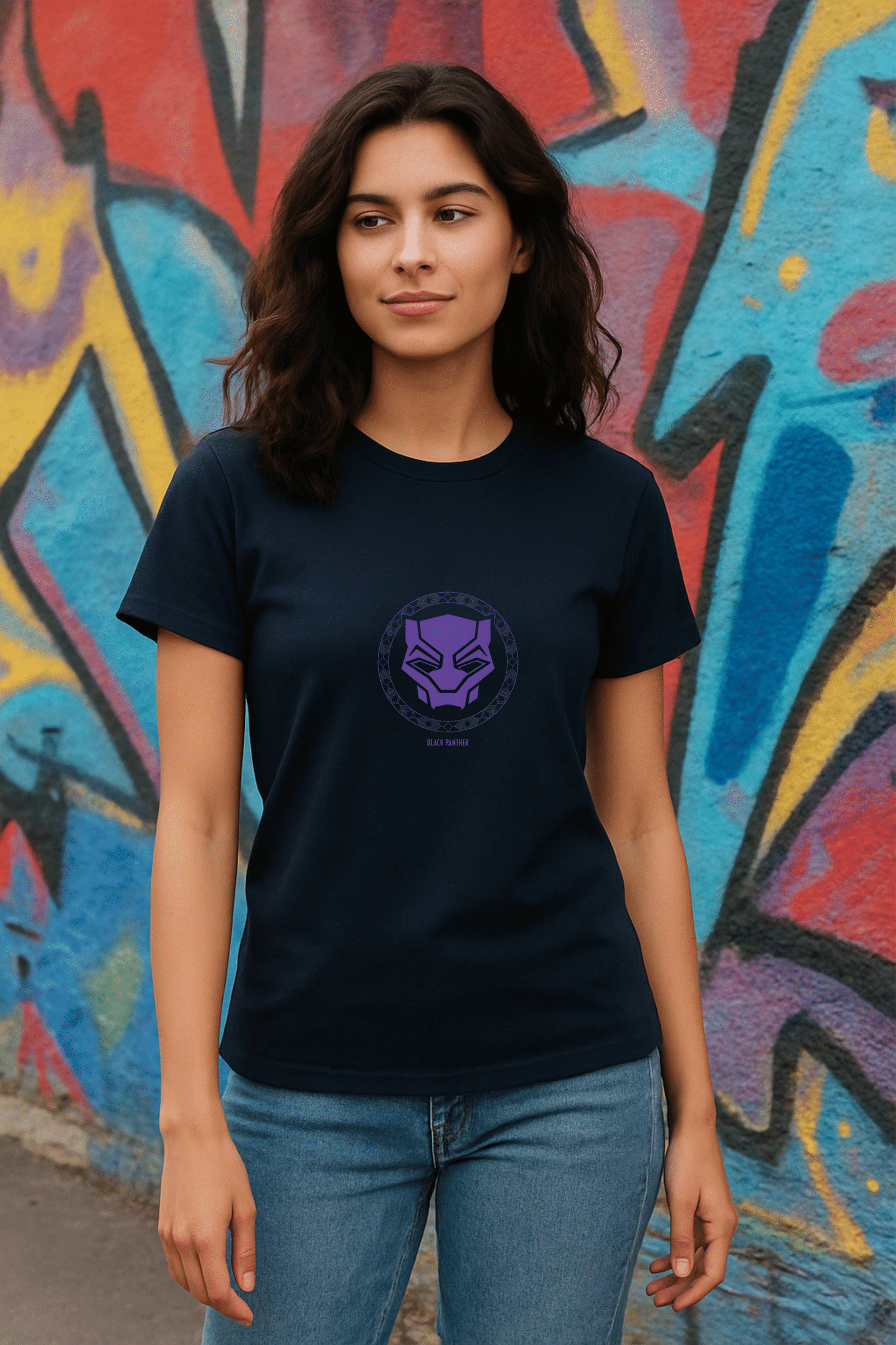 Women’s Black Panther “Wakanda Forever” Classic Fit Cotton Blend Graphic T-Shirt - (Navy Blue) - Image 2