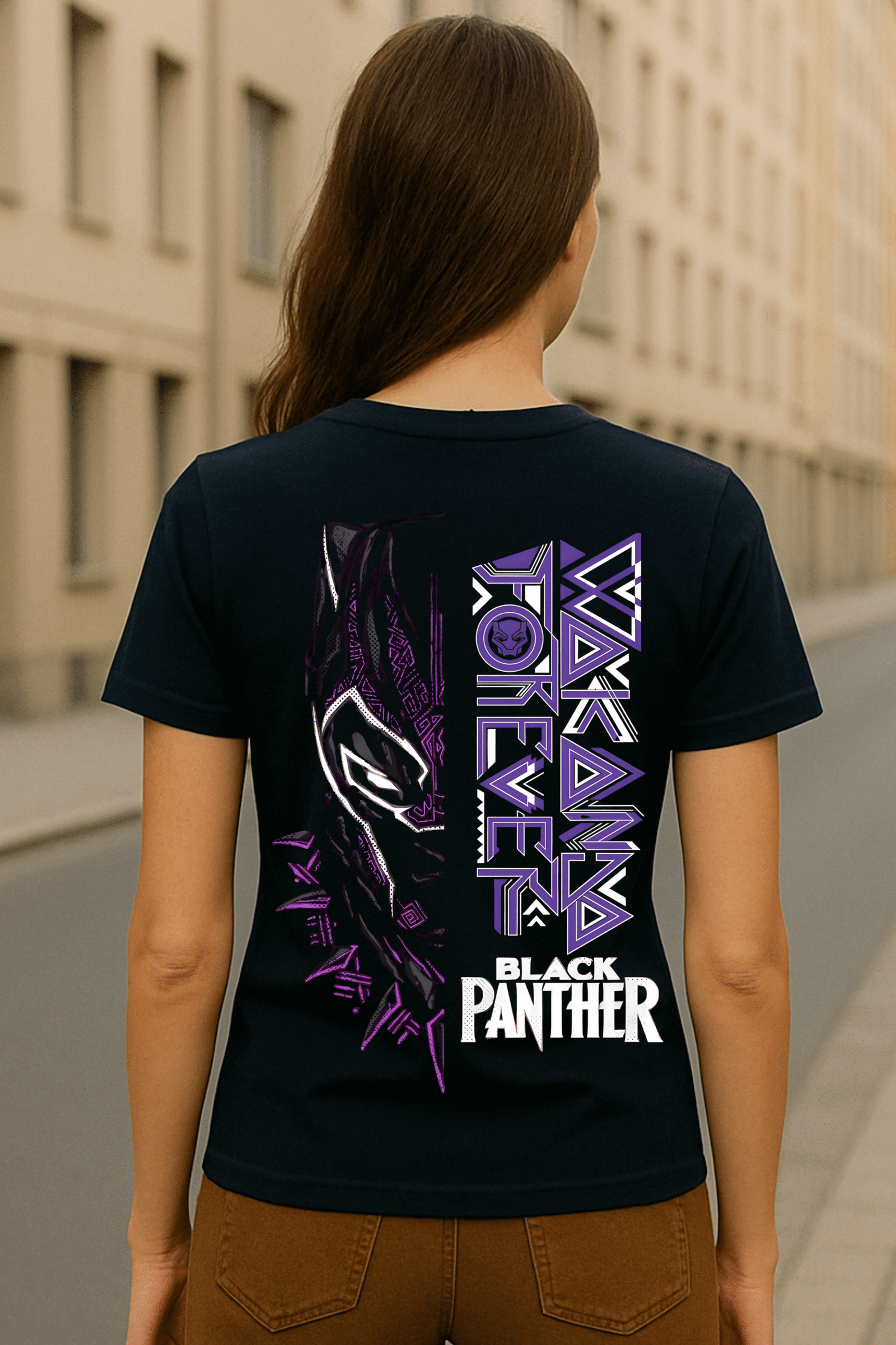 Women’s Black Panther “Wakanda Forever” Classic Fit Cotton Blend Graphic T-Shirt - (Navy Blue)