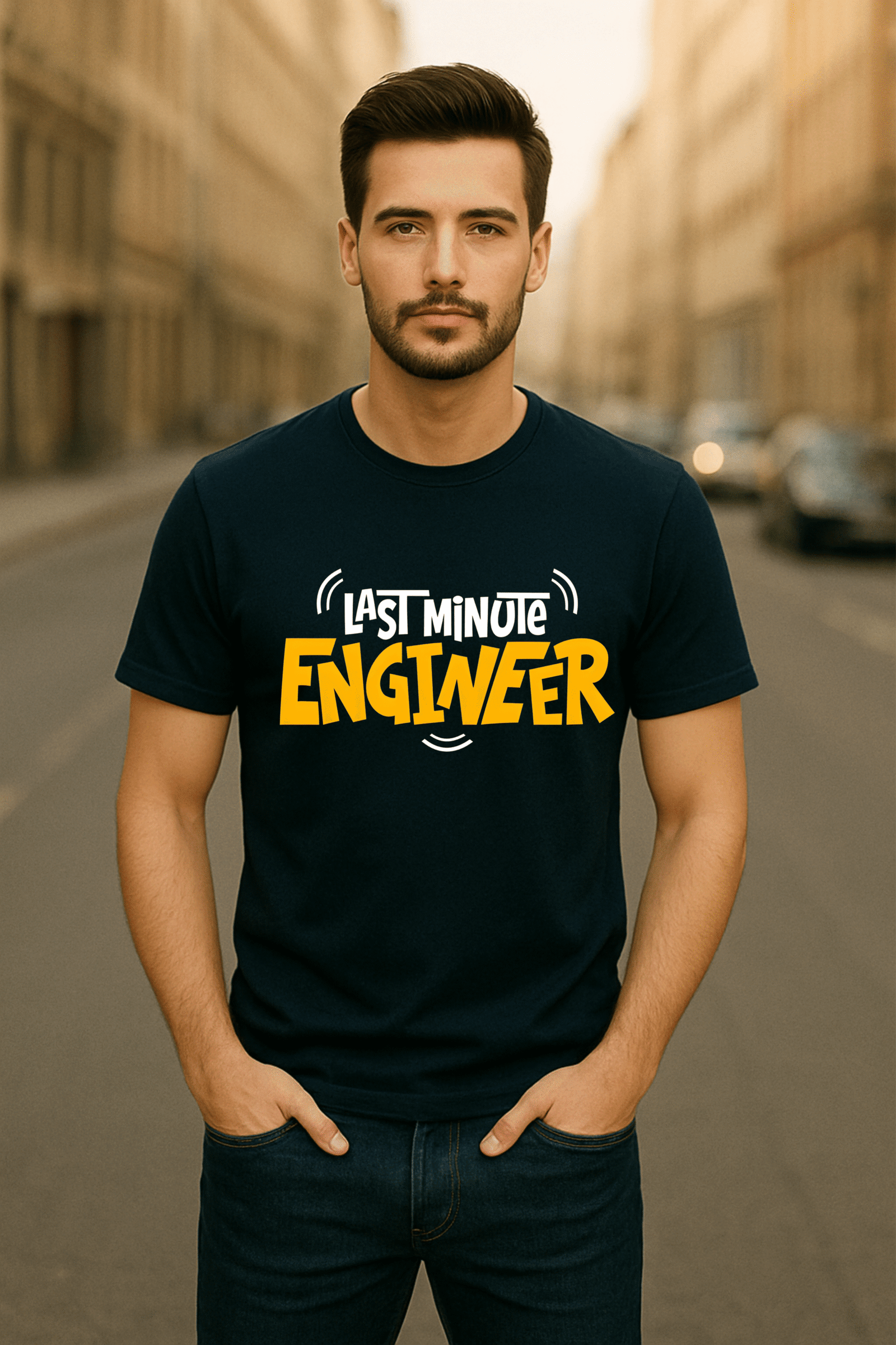 Men’s Classic Fit “Last Minute Engineer” Graphic T-Shirt – Cotton Blend - (Navy Blue)