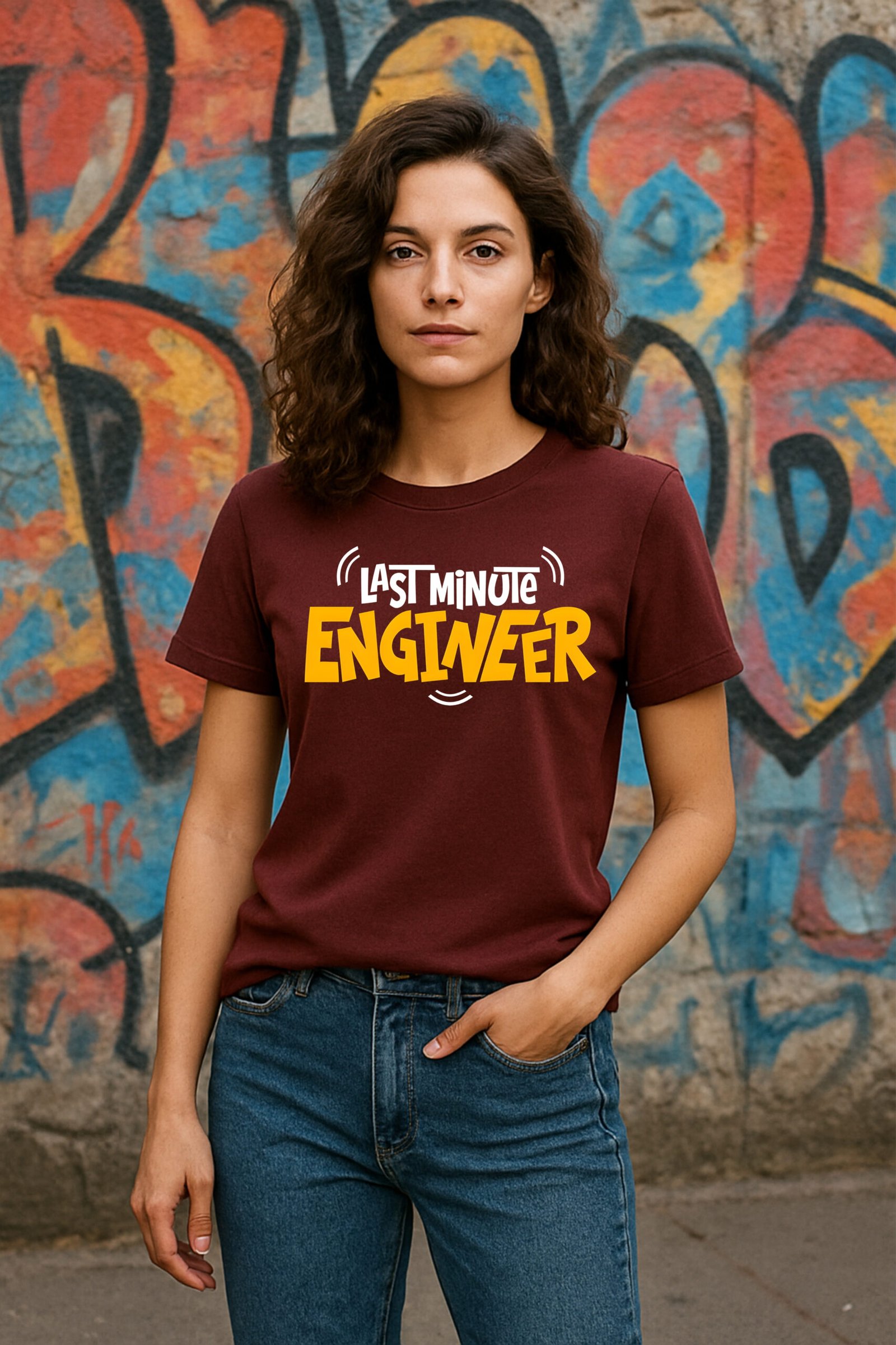 Women’s Classic Fit “Last Minute Engineer” Graphic T-Shirt – Cotton Blend - (Marron)