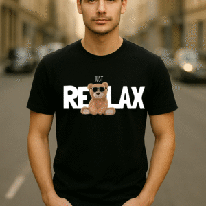 Men’s Classic Fit Black “Just Relax” Teddy Graphic T-Shirt – 100% Premium Bio-Washed Cotton