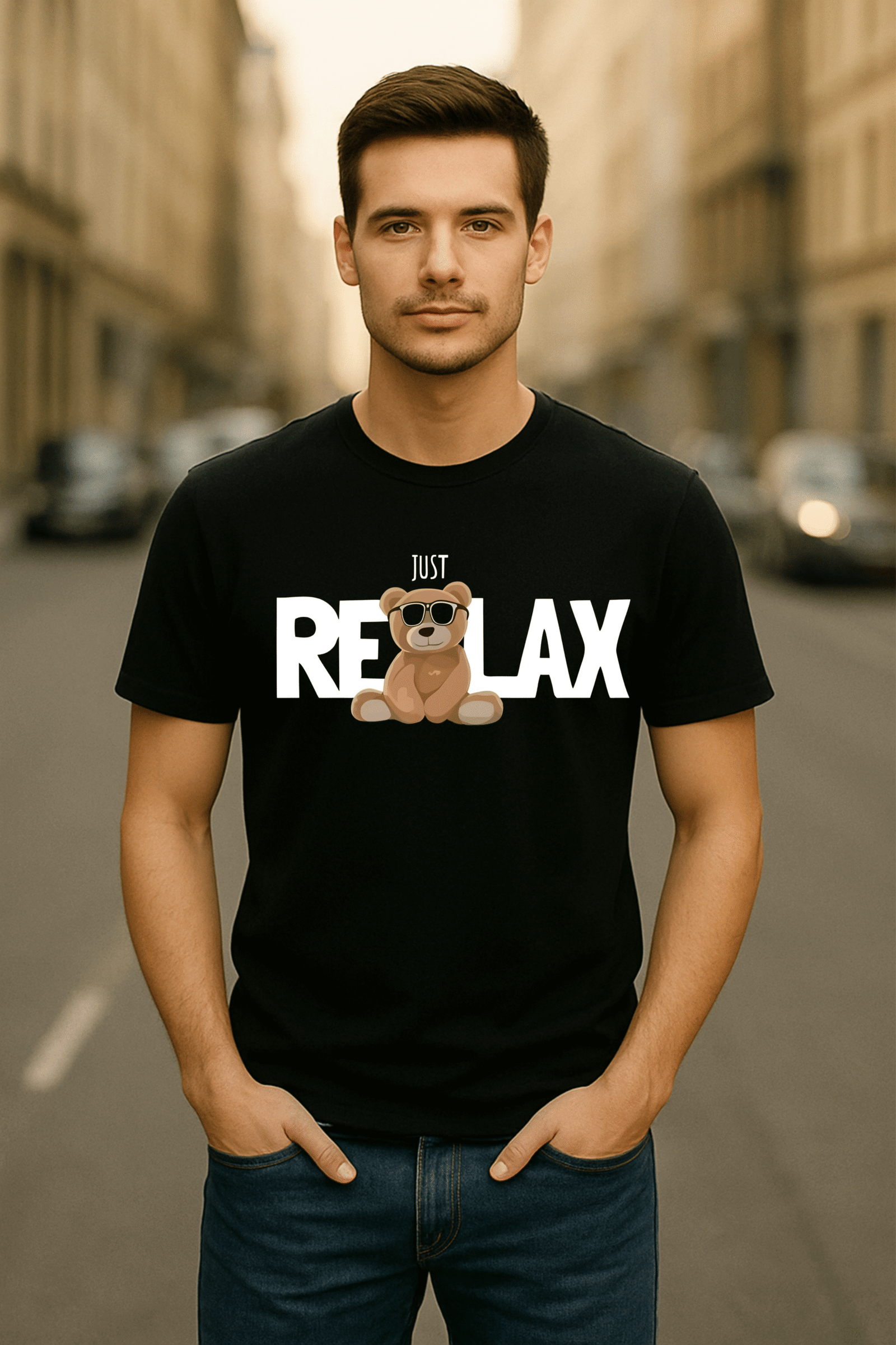Men’s Classic Fit Black “Just Relax” Teddy Graphic T-Shirt – 100% Premium Bio-Washed Cotton