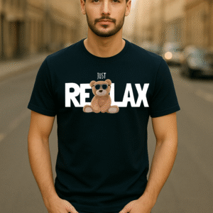 Men’s Classic Fit Navy Blue “Just Relax” Teddy Graphic T-Shirt – Cotton Blend Fabric