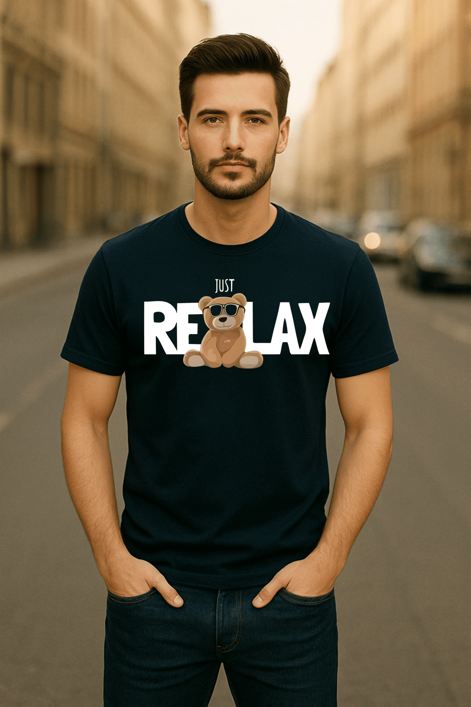 Men’s Classic Fit Navy Blue “Just Relax” Teddy Graphic T-Shirt – Cotton Blend Fabric