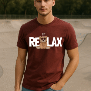 Men’s Classic Fit Marron “Just Relax” Teddy Graphic T-Shirt – Cotton Blend Fabric