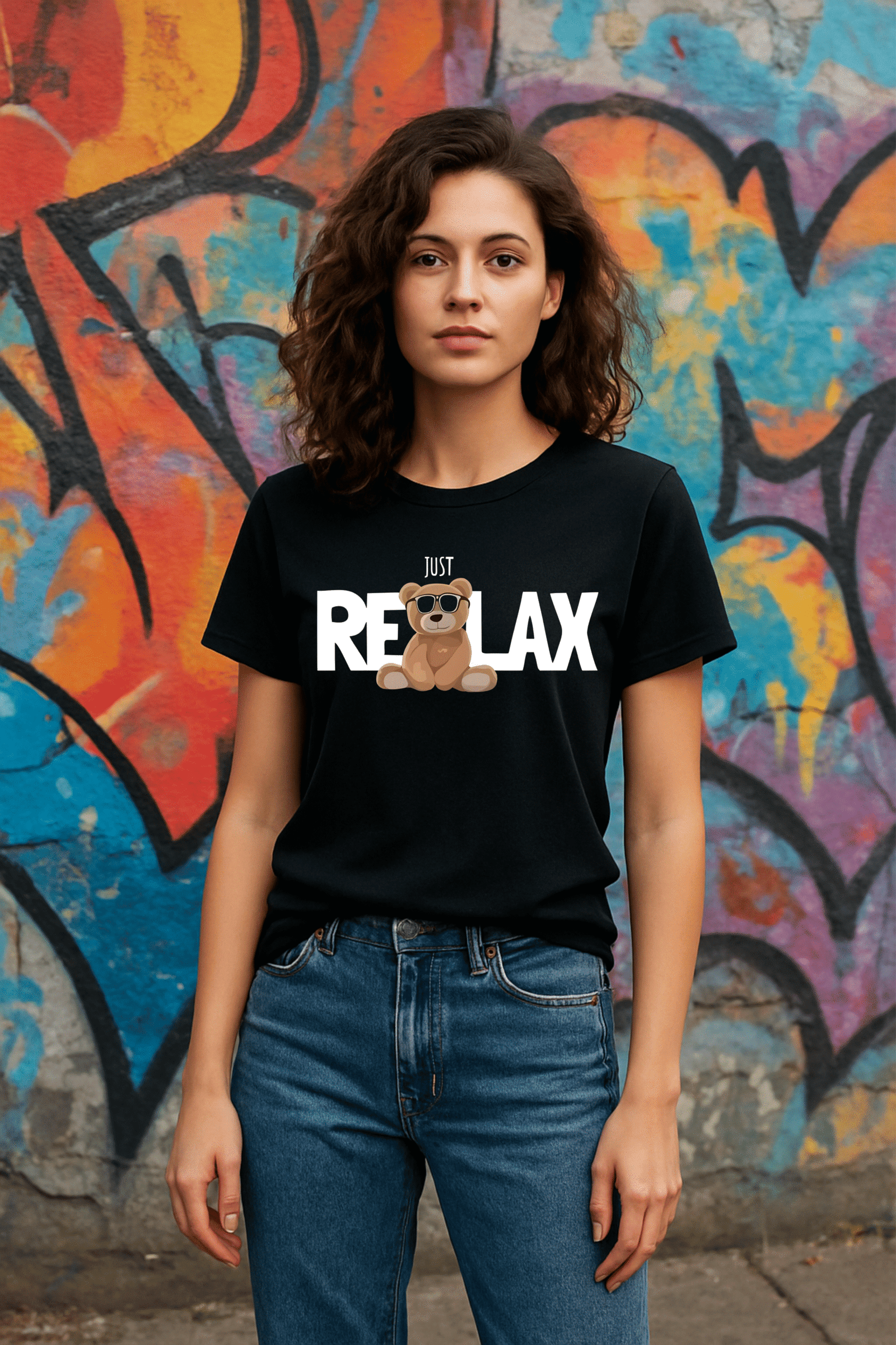 Women’s Classic Fit Black “Just Relax” Teddy Graphic T-Shirt – 100% Premium Bio-Washed Cotton