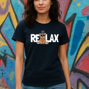 Women’s Classic Fit Navy Blue “Just Relax” Teddy Graphic T-Shirt – Cotton Blend Fabric
