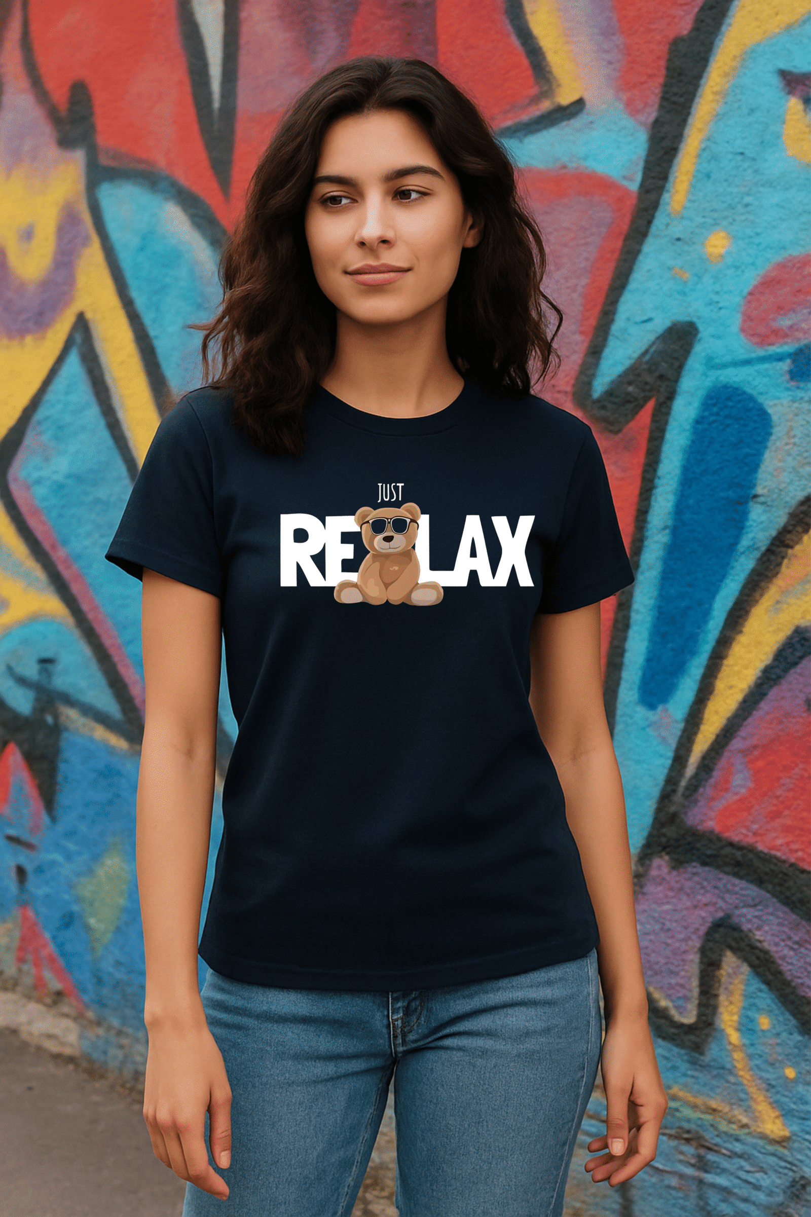 Women’s Classic Fit Navy Blue “Just Relax” Teddy Graphic T-Shirt – Cotton Blend Fabric