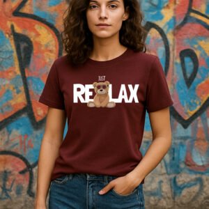 Women’s Classic Fit Marron “Just Relax” Teddy Graphic T-Shirt – Cotton Blend Fabric